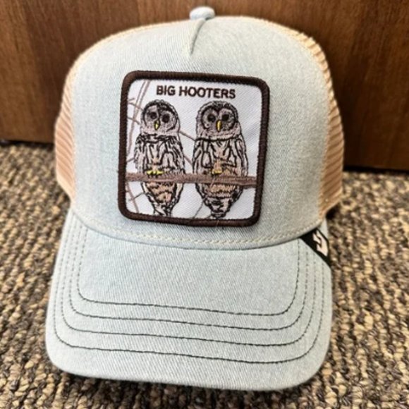 Goorin Trucker Baseball Snapback Hat Cap Jean Jacket Big Hooters Owl Bird Blue